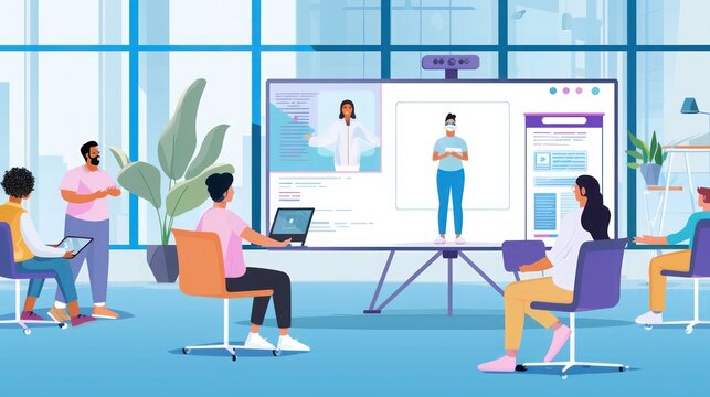 Employees participating in a virtual wellness workshop, following an instructor on a large screen