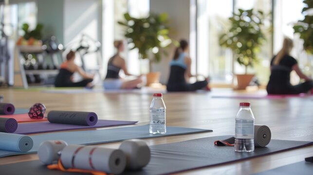 Employees participating in a lunchtime fitness class, with yoga mats and exercise equipment