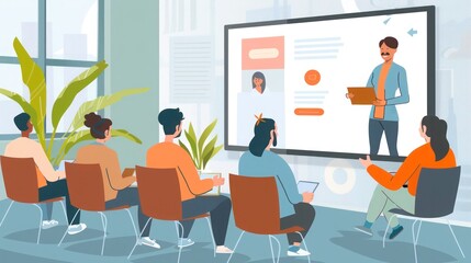 Employees participating in a virtual wellness workshop, following an instructor on a large screen