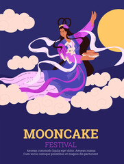 Mid-Autumn Festival poster with moon goddess in flat style.
