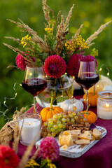 Romantic surprise, marriage proposal. Elegant decoration. Private wedding party for two, table set with floral decor, chandelier, fruits, wine in field or meadow. Summer, sunset, golden hour