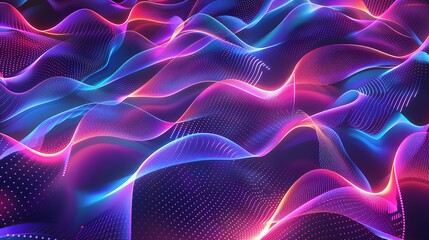 Obraz premium Abstract background with flowing neon waves and particles. Futuristic digital art concept for music, technology, and motion design.