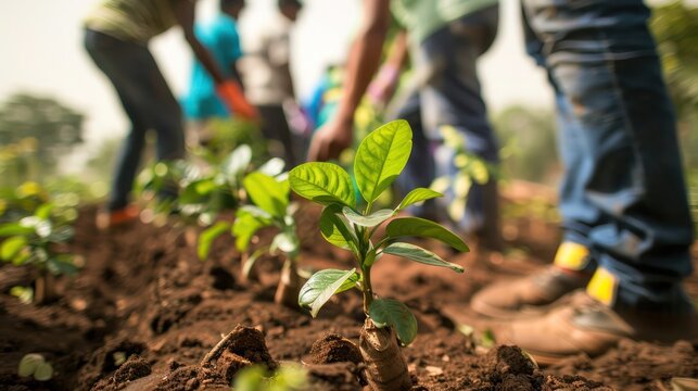 Employees participating in a tree-planting activity organized by their company as part of a corporate social responsibility initiative