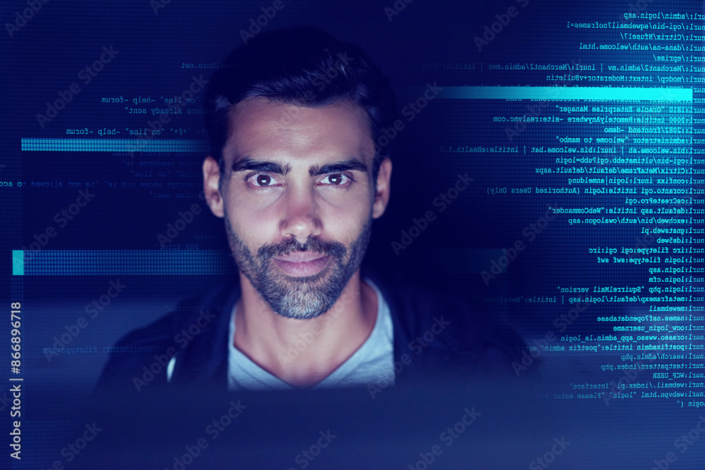 Fototapete Coding, overlay and man at night on computer for programming, software and information technology. Cybersecurity, hacker and person with algorithm for financial data, banking fraud and identity theft