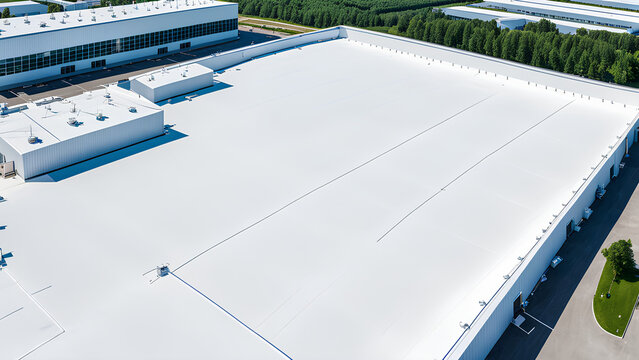 Modern factory with a cool, white PVC flat roof, aerial view on a sunny day