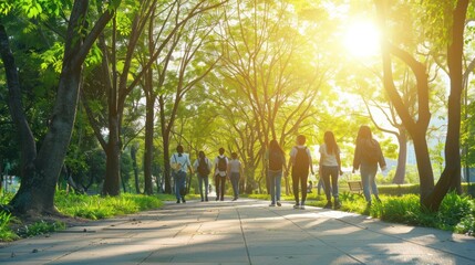 Obraz premium Employees enjoying a walking meeting in a nearby park, combining fresh air and productivity