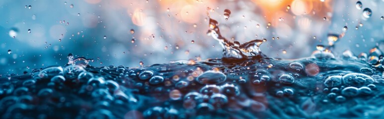 Close-up of water splashes and bubbles with colorful bokeh