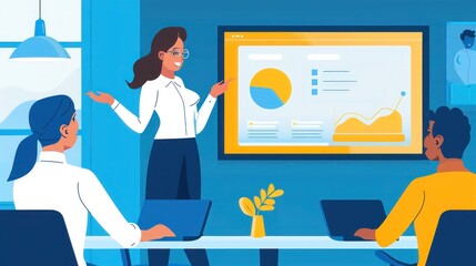 professional woman leading a team meeting, standing in front of a large screen displaying a presentation, while colleagues listen attentively