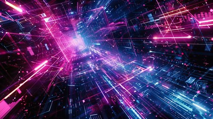 Fototapeta premium Neon Cyber Tunnel. Futuristic Technology Abstract Background