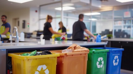 companya??s recycling program with employees sorting waste into color-coded bins in an office kitchen