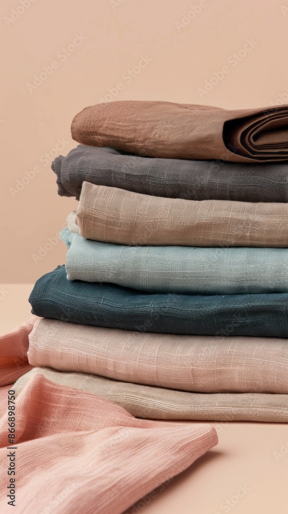 Aufkleber A close-up of a stack of soft, smooth fabrics in various earthy tones. The fabrics are neatly arranged, showcasing their texture and color