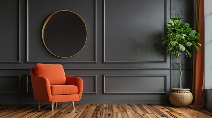 Modern living room interior with an orange armchair, dark panel wall, round mirror and green plant. Cozy and stylish home decor for relaxation and comfort. 
