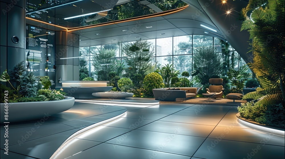 Aufkleber a spacious and futuristic office space that blends advanced technology with elements of nature. in t
