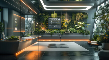 A spacious and futuristic office space that blends advanced technology with elements of nature. In the center of the office, an interactive touch screen table surrounded by comfortable. Generative AI.