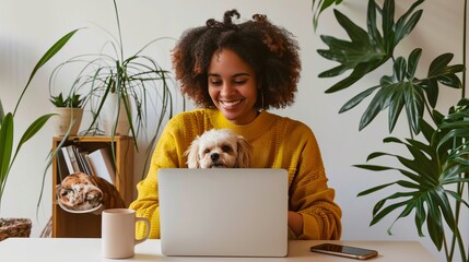 Smiling woman working from home with small dog in front of laptop. Modern home office setup with greenery. Cozy and relaxed workspace atmosphere. Perfect for articles on remote work and pets. AI