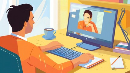 man using a desktop computer to join a virtual meeting, with a cup of coffee and a notebook on his desk