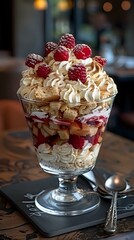 Delicious close-up of a fruit trifle topped with whipped cream and fresh raspberries, perfect for food photography, dessert blogs, and recipe illustrations. Ideal for posters, cookbooks