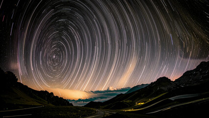 arafed view of a mountain with a winding road and a star trail