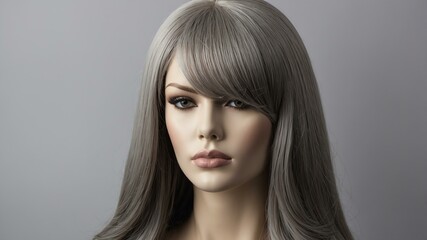 realistic photography of grey long hair wig in a manne background