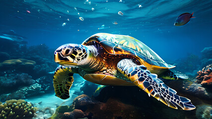 Obraz premium A sea turtle struggles in a polluted ocean