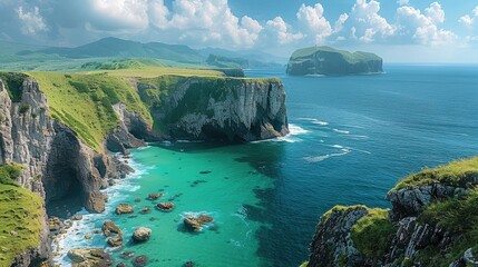 The rugged cliffs and turquoise waters near Island, with green grassy hills leading to it. In...