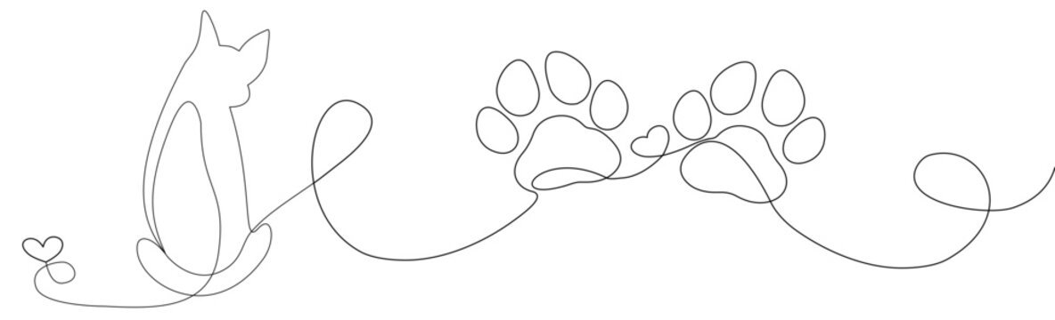 Linea continua con gatto seduto, impronte di zampa. E cuore. heart. Amore per gli animali in un semplice stile lineare,  Illustrazione grafica vettoriale per Canva, presentazione, decorazione, ricamo,