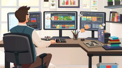 remote worker using a desktop computer with multiple monitors in a well-organized home office