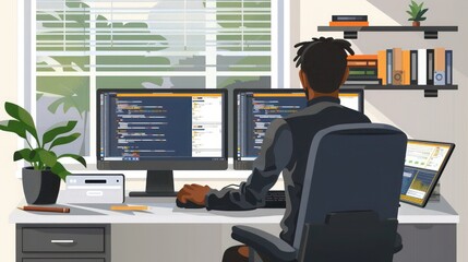 Fototapeta premium remote worker using a desktop computer with dual monitors, working on coding projects in a tidy home office