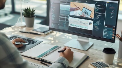 remote worker using a desktop computer and a notebook to plan a project in a clean, organized workspace