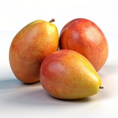 Three ripe mangoes with vibrant shades of red and yellow, showcasing their smooth skin and natural texture. 3D Render.