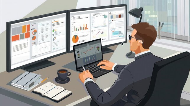 remote worker using a laptop and a second monitor to participate in a virtual conference, with a cup of coffee and a notebook on the desk