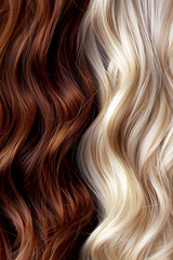 Fototapeta premium Close-up of wavy, luxurious strands of red and blonde hair, highlighting the texture and color contrast. The image showcases beauty and hair care.