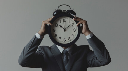 A person in a business suit holding a large vintage alarm clock instead of their face, representing the concept of time management, deadlines, and the pressures of modern life.