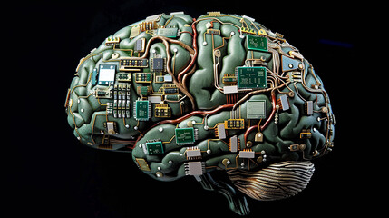 An artistic representation of a human brain intertwined with electronic circuits, illustrating the concept of artificial intelligence, technology integration