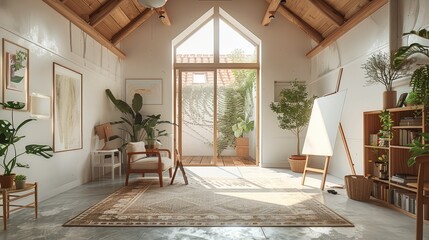 Fototapeta premium Interior view of a room in a rehabilitated house, the room has an easel to paint and an armchair, and a terrace to sunbathe, it has a sloping wooden roof. Generative AI.