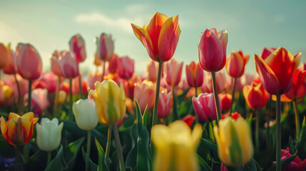 Obraz premium Landscape with tulip fields. Beautiful tulips close up against the blue sky