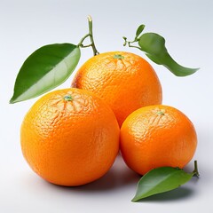 Three fresh oranges with vibrant orange skin and green leaves attached, showcasing their natural texture. 3D Render.