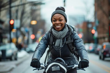 A young woman riding a bicycle through a bustling city street with a confident smile.