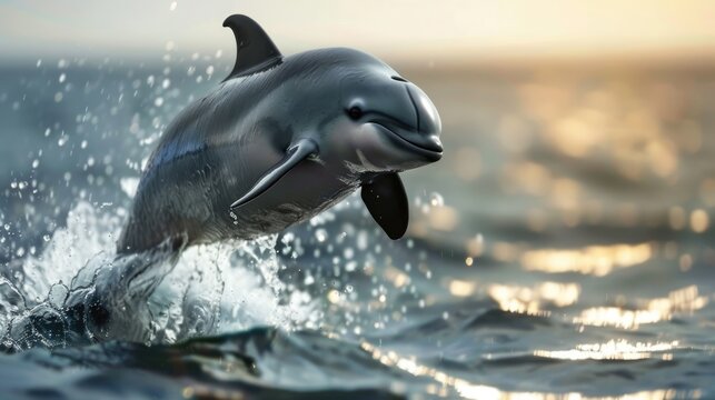 Vaquita jumping out of water, porpoise species in the ocean. Marine mammal on the edge of extinction