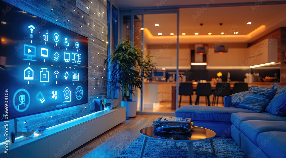 Poster close-up of a smart home interior, interactive home automation interfaces, smart appliances in actio