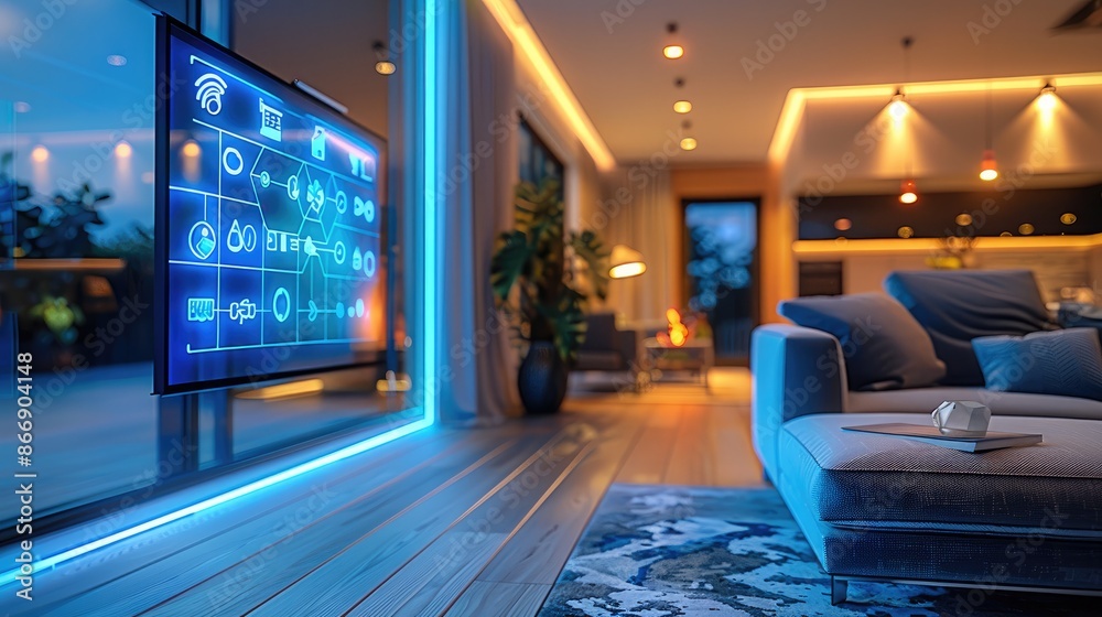 Poster close-up of a smart home interior, interactive home automation interfaces, smart appliances in actio
