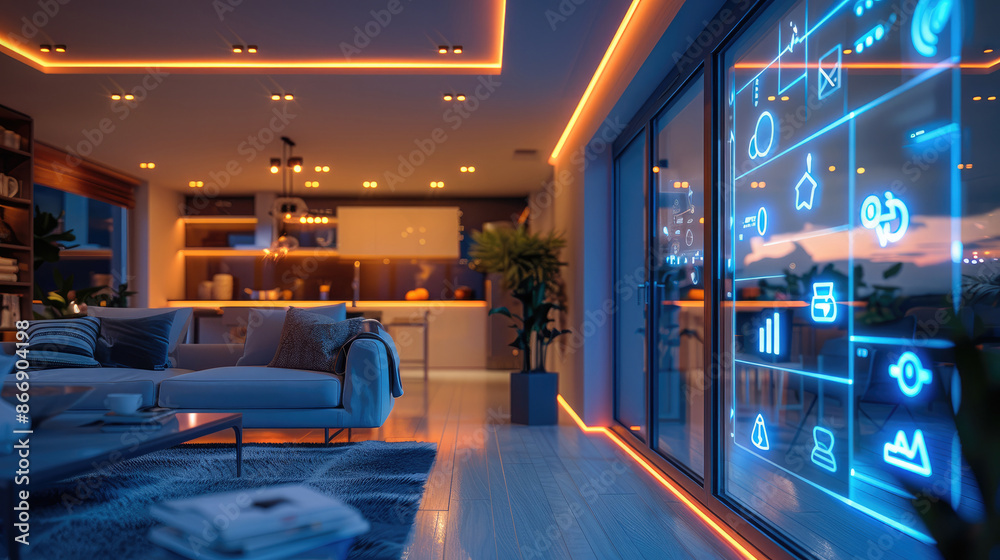 Poster close-up of a smart home interior, interactive home automation interfaces, smart appliances in actio