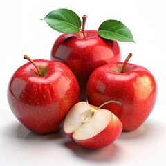 Fresh whole and sliced red apples with leaves, showcasing glossy skin, juicy flesh, and detailed textures. 3D Render.
