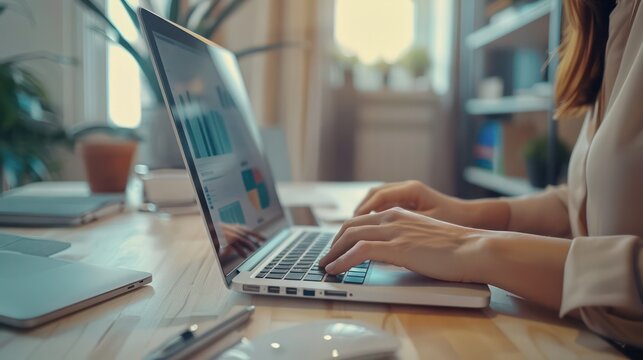 young professional using a laptop to participate in a virtual team-building activity, with a clean desk setup