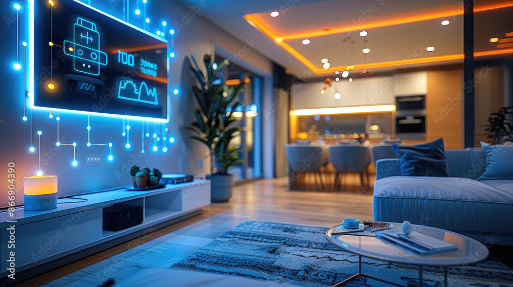 Poster close-up of a smart home interior, interactive home automation interfaces, smart appliances in actio
