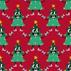 Cartoon Christmas tree seamless pattern for wrapping paper and fabrics