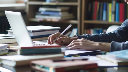 young professional using a laptop to write a research paper, surrounded by books and notes in a quiet study space