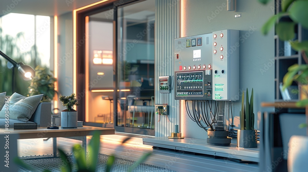 Aufkleber smart home interior showcasing various elements of automation and renewable energy. an open electric