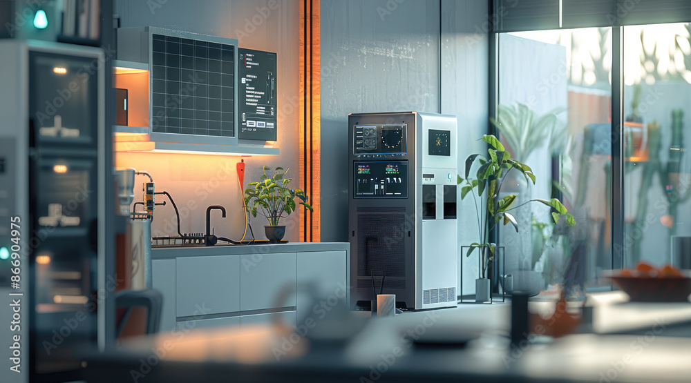 Aufkleber smart home interior showcasing various elements of automation and renewable energy. an open electric