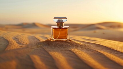 Perfume bottle on sand dunes at sunset, elegance and luxury concept